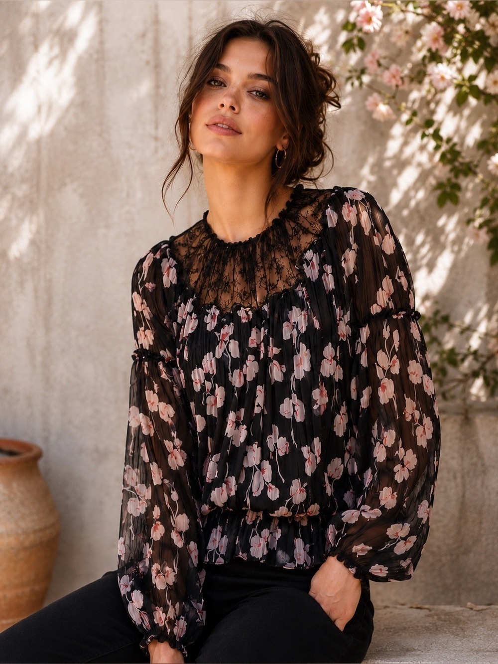 Jason Wu Collection Silk Floral Blouse Sheer Lace Trim Top Size 6